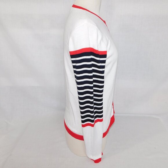 Northern Reflections Women M White Cardigan Sweater Red Navy Blue Striped detail - Picture 7 of 10